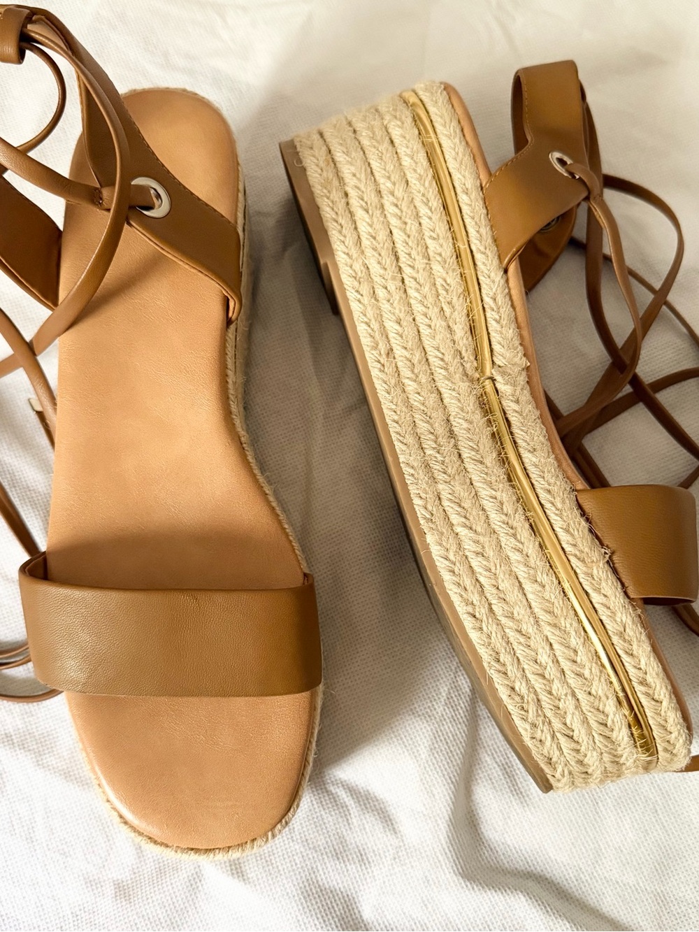 Bleecker & Bond Women's Leather Tan Espadrille Platform Sandals with Ankle Tie